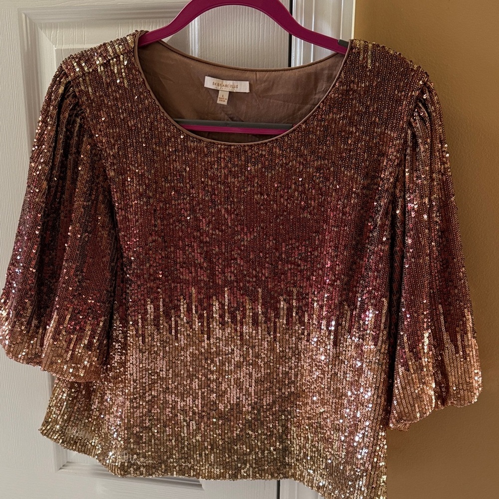 Skies Are Blue Shimmering Gold and Pink Sequin Blouse